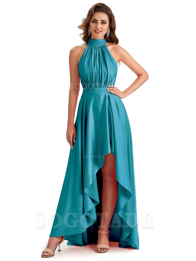 Soft Satin High Neck High Low A-Line Unique Bridesmaid Dresses Online