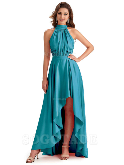 Soft Satin High Neck High Low A-Line Unique Bridesmaid Dresses Online