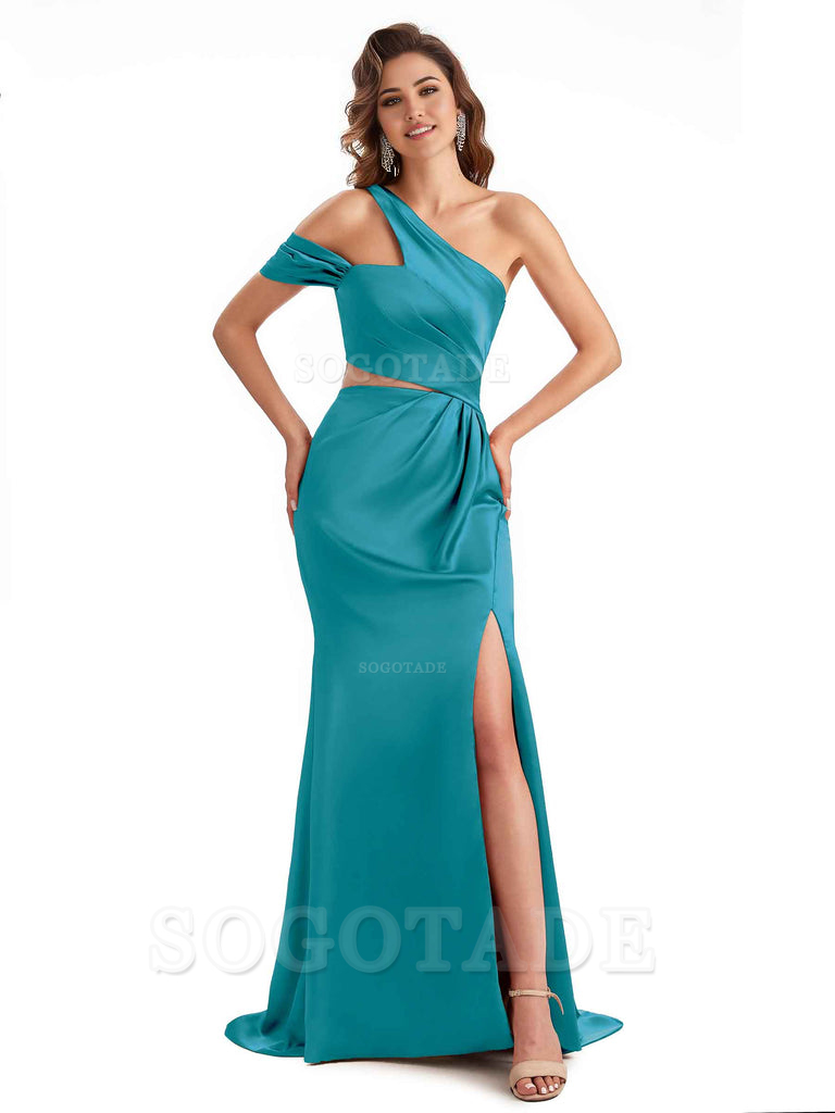 Sexy Side Slit Mermaid Soft Satin One Shoulder Long Unique Bridesmaid Dresses