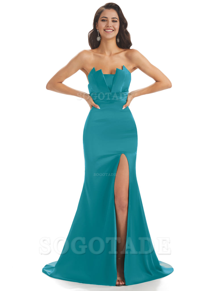 Mermaid sleeveless Satin formal dresses evening gown Bridesmaid Dresses With Side Slit 