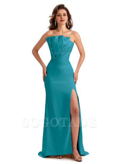 Unique Soft Satin Side Slit Asymmetrical Neckline Mermaid Long Bridesmaid Dresses