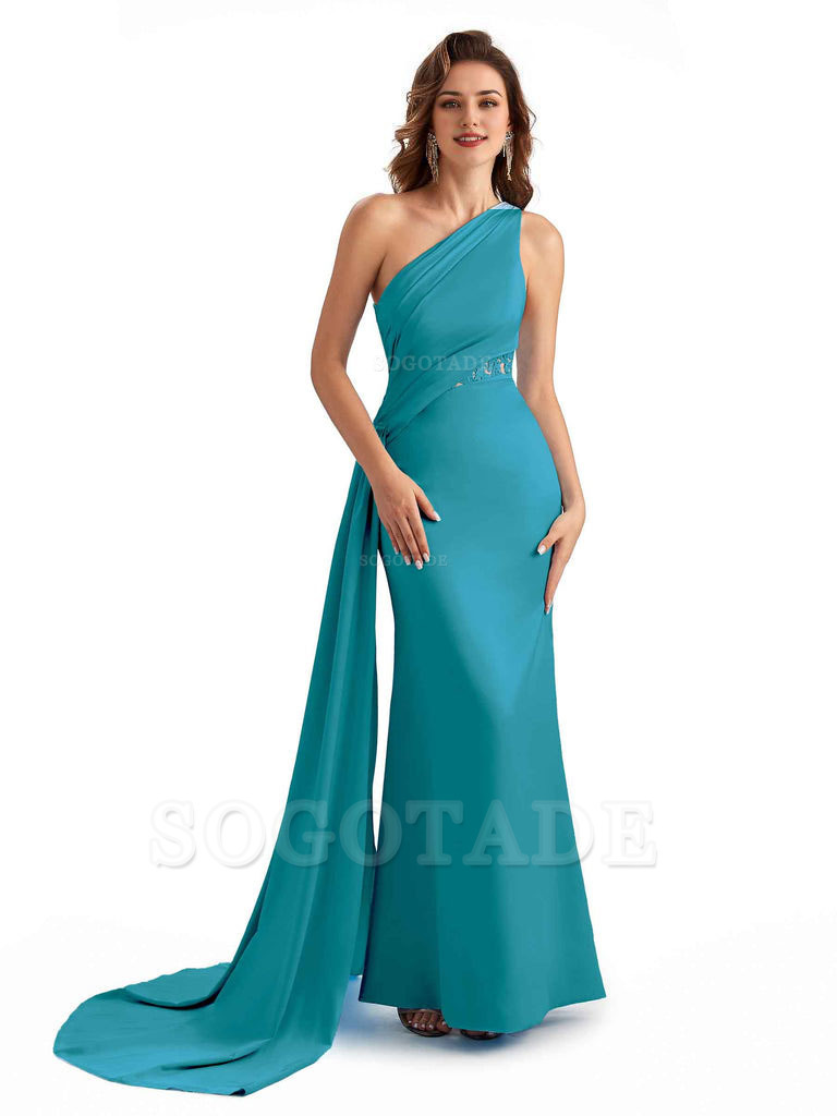 Sexy Mermaid Silky Satin One Shoulder Lace See Through Long Bridesmaid Dresses Online