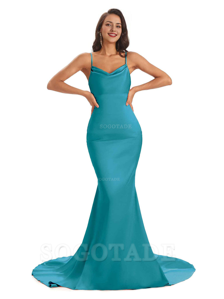 Sexy Backles Soft Satin Spaghetti Straps Maxi Mermaid Bridesmaid Dresses Online prom shop dresses