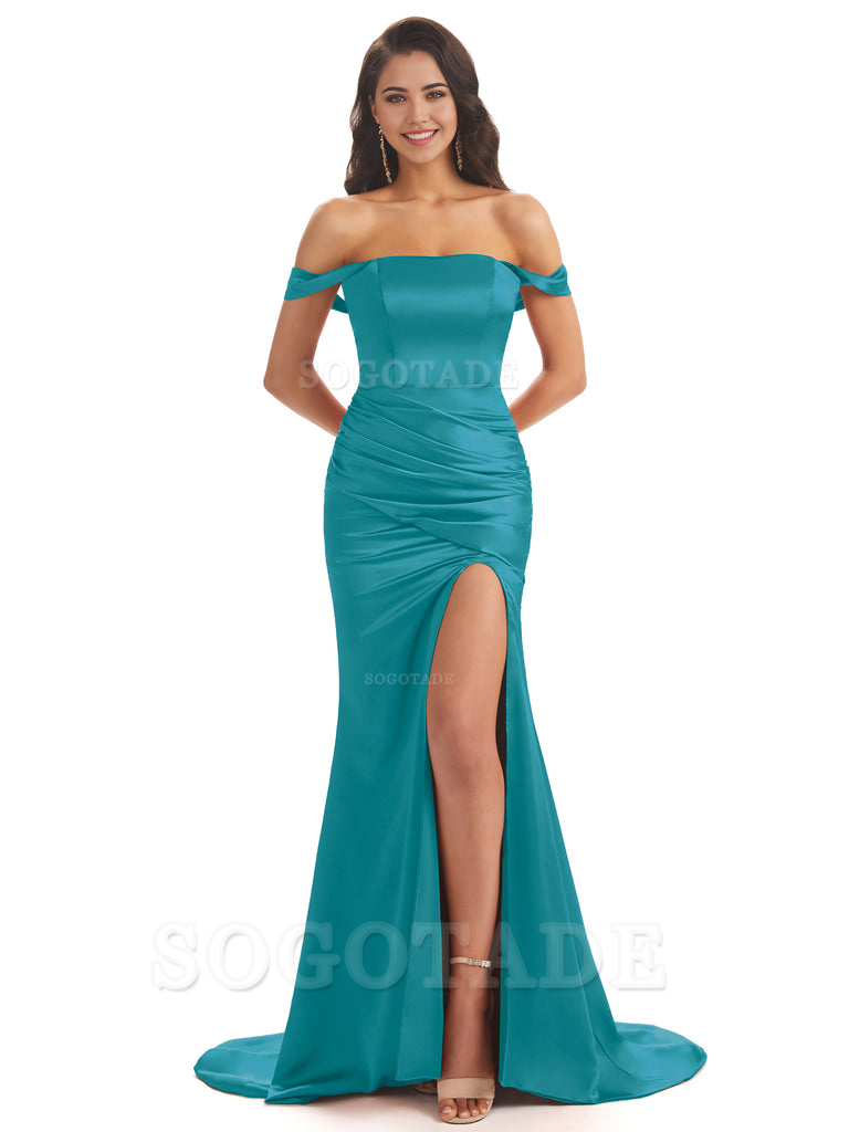 Mermaid Off Shoulder Floor-Length Satin formal dresses evening gown Bridesmaid Dresses With Side Slit 