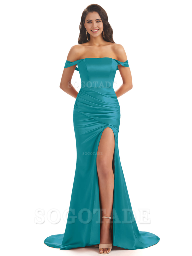 Mermaid Off Shoulder Floor-Length Satin formal dresses evening gown Bridesmaid Dresses With Side Slit 