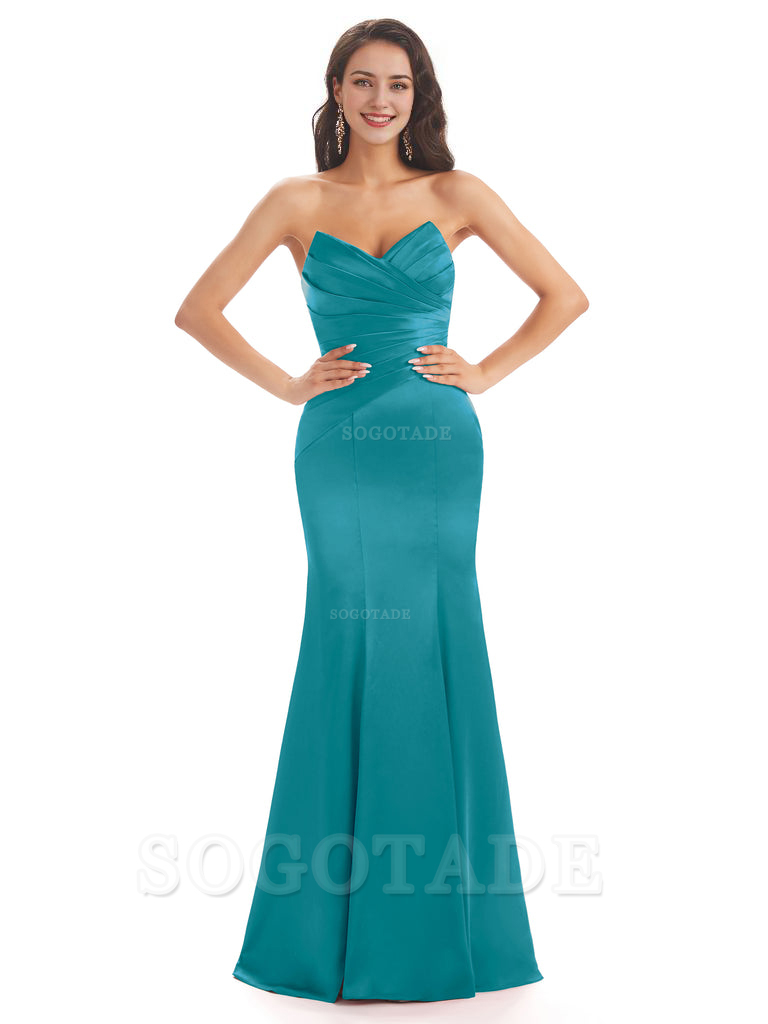 Simple Strapless Sweetheart Soft Satin Mermaid Long Bridesmaid Dresses prom shop dresses