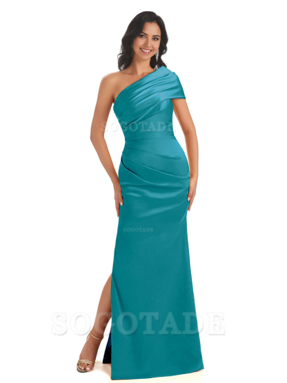 Mermaid One Shoulder Satin Long formal dresses evening gown Bridesmaid Dresses With Side Slit 