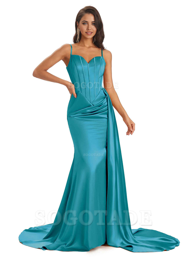 Sheath Spaghetti Satin Straps Floor-Length formal dresses evening gown Bridesmaid Dresses