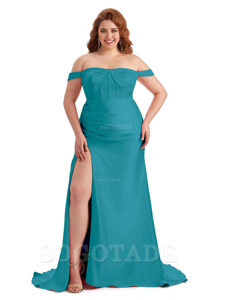 Elegant Off The Shoulder Side Slit Mermaid Soft Satin Floor Length Long Plus Size Bridesmaid Gowns