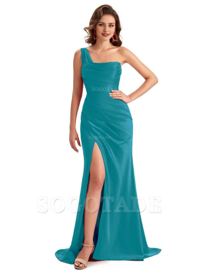Sexy One Shoulder Side Slit Silky Satin Chic Long Mermaid Trumpet Bridesmaid Dress