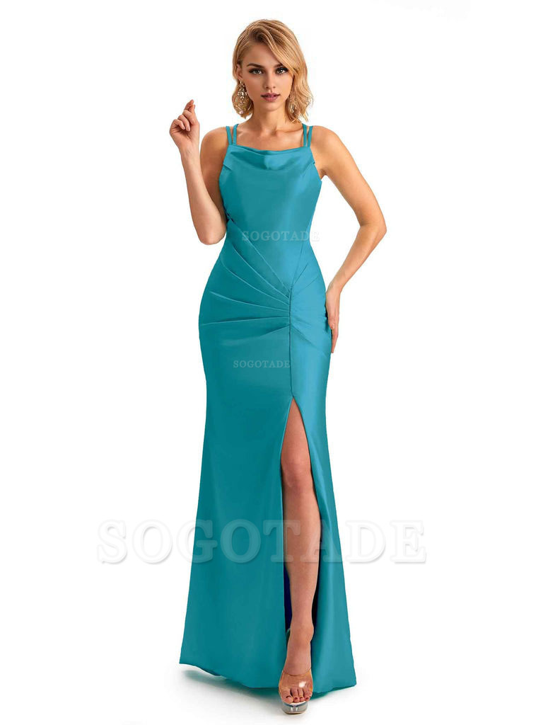 Soft Satin Spaghetti Straps Side Slit Long Unique Mermaid Beautiful Dresses For Wedding