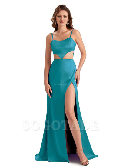 Sexy Satin Side Slit Spaghetti Straps Mermaid Long Unique Curve Wedding Guest Dresses