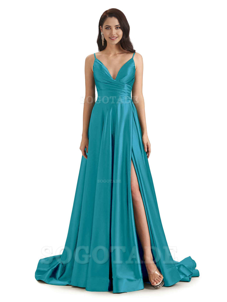 Spaghetti Straps Satin formal dresses evening gown Bridesmaid Dresses With Side Slit 