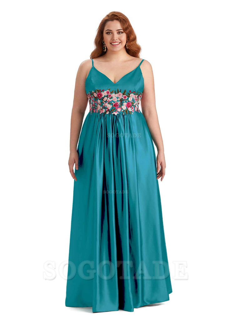 Unique Lace Spaghetti Straps Sleeveless Soft Satin Long Plus Size Bridesmaid Dress For Wedding