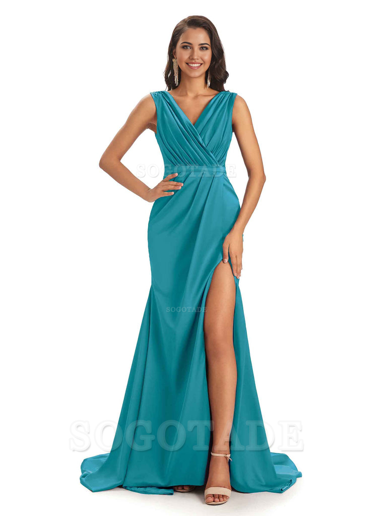 A-line V-neck Floor-Length Satin formal dresses evening gown Bridesmaid Dresses With Side Slit 