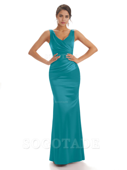 Sheath Sleeveless V-neck Floor-Length Satin formal dresses evening gown Bridesmaid Dresses With Pleats 