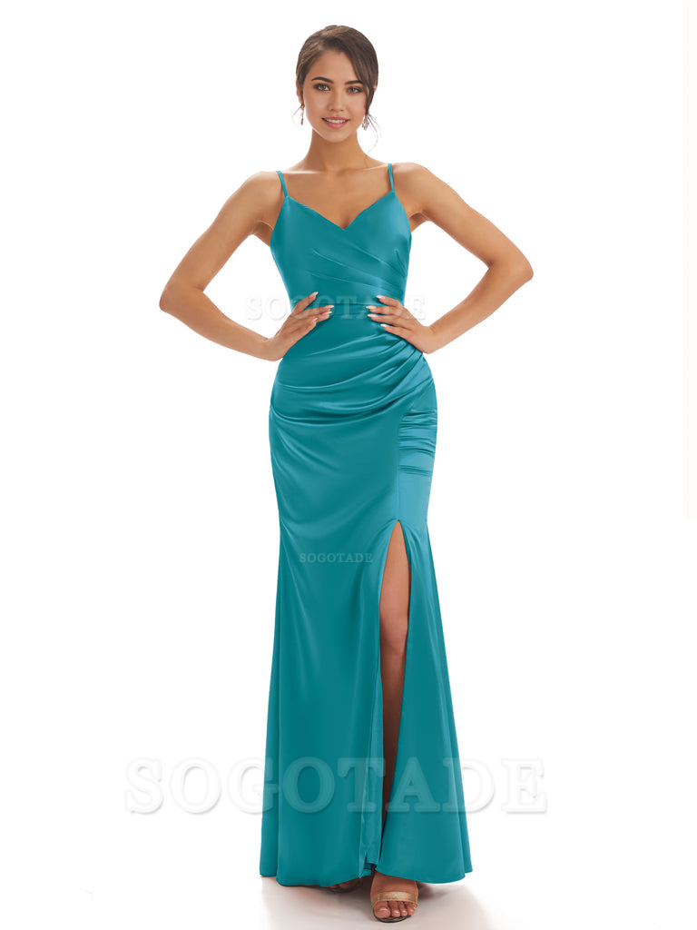 Spaghetti Straps Pleats Satin formal dresses evening gown Bridesmaid Dresses With Side Slit 