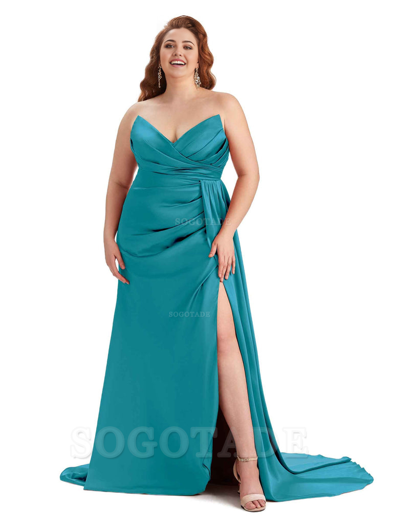Sexy V-neck Side Slit Sleeveless Mermaid Soft Satin Long Plus Size Bridesmaid Gowns