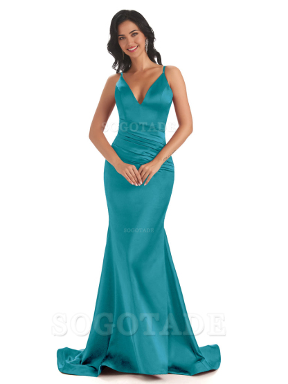 Mermaid Spaghetti V-Neck Straps Satin Long formal dresses evening gown Bridesmaid Dresses With Side Slit 