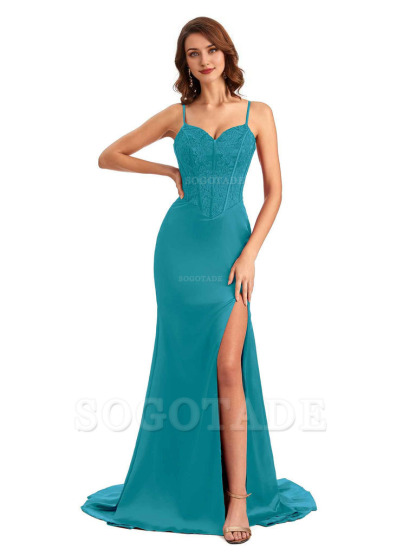 Sexy Side Slit Mermaid Silky Satin V-Neck Lace Unique Long Bridesmaid Dresses