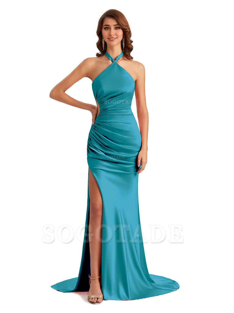 Sexy Halter Mermaid Silky Satin Unique Long Formal Wedding Guest Dresses