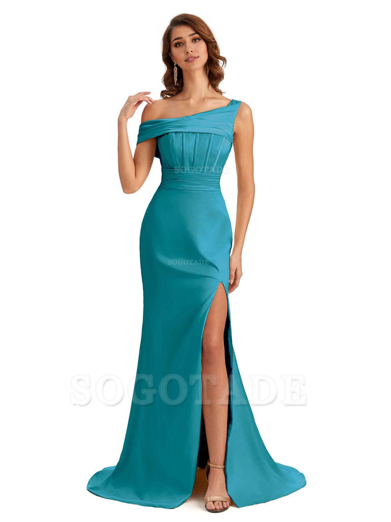 Elegant Asymmetrical Neck Soft Satin Side Slit Long Mermaid Bridesmaid Dresses