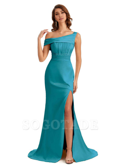 Elegant Asymmetrical Neck Soft Satin Side Slit Long Mermaid Bridesmaid Dresses