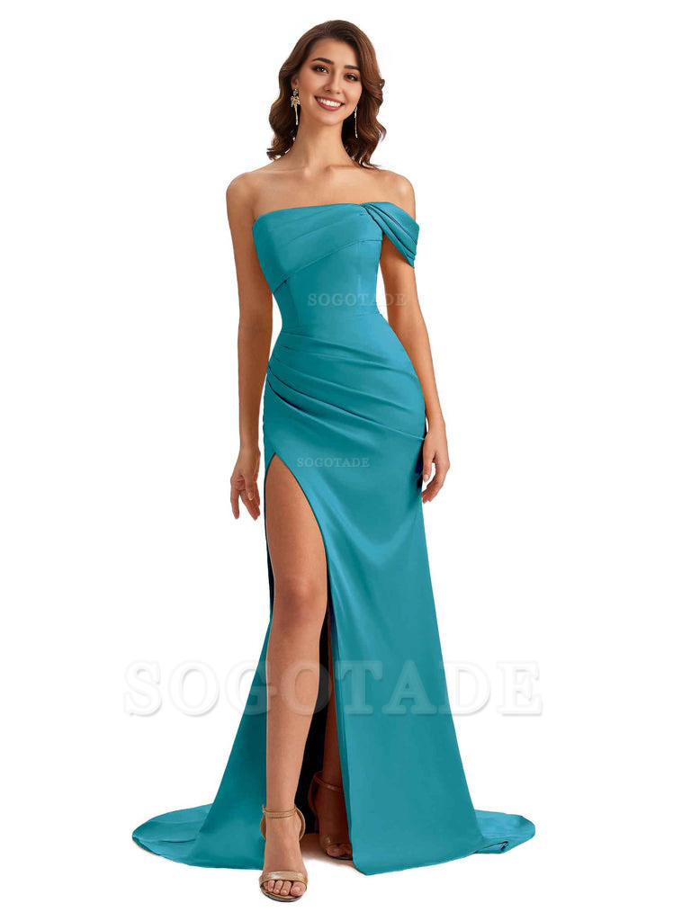 Unique One Shoulder Side Slit Satin Long Formal Dresses For Bridesmaid Dresses