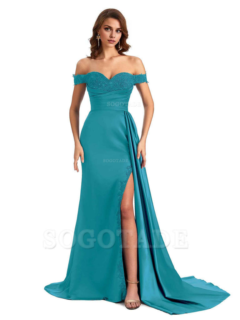 Sexy Off The Shoulder Mermaid Side Slit Silky Satin Long Bridesmaid Dress For Wedding