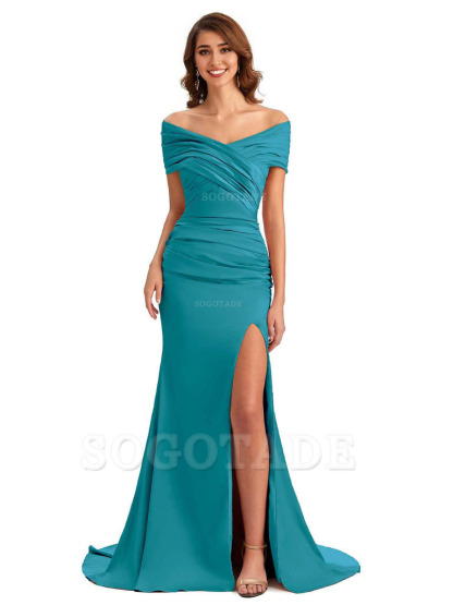 Sexy Off The Shoulder Side Slit Mermaid Satin Unique Long Formal Wedding Guest Dresses