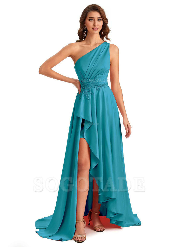 Sexy One Shoulder A-Line High Low Silky Satin Lace Long Formal Wedding Guest Dresses