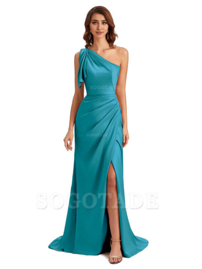 Sexy One Shoulder Mermaid Side Slit Unique Silky Satin Bridesmaid Dresses 