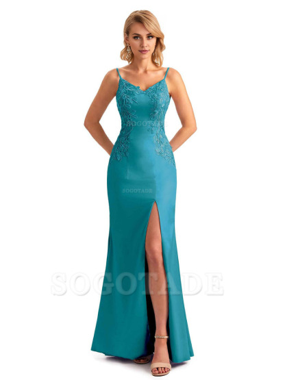 Sexy Side Split Mermaid Spaghetti Straps Soft Satin Unique Lace Long Bridesmaid Dresses