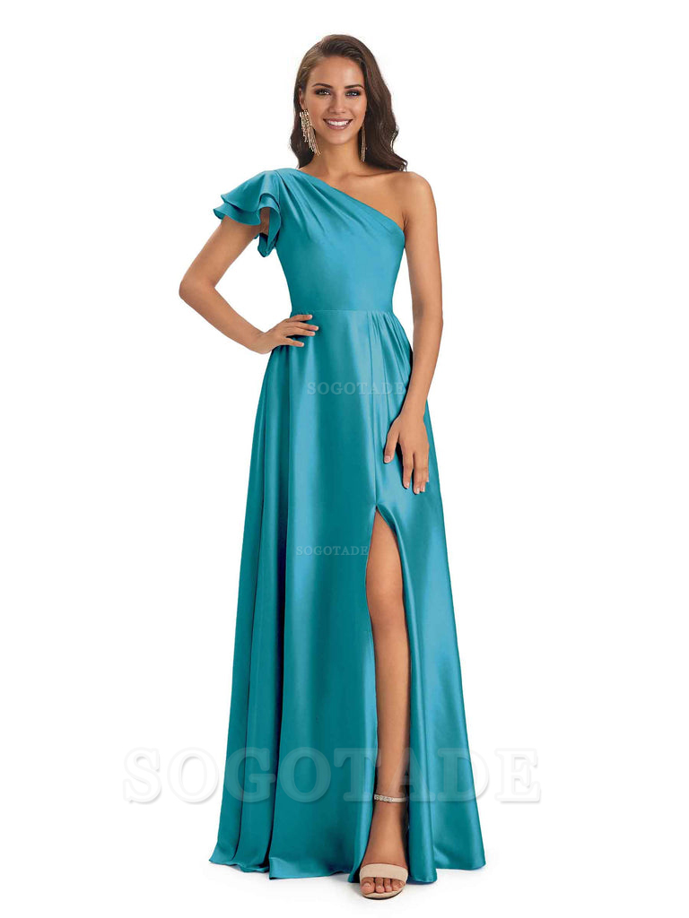 A-Line One Shoulder Ladies Long Bridesmaid Dresses Soft Satin Side Slit Elegant Evening Party Dress