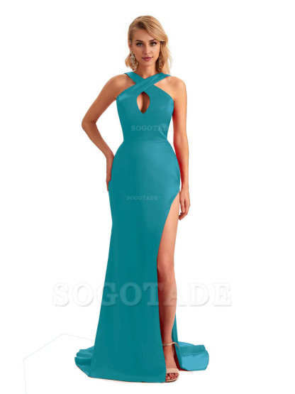 Sexy Side Slit Halter Mermaid Silky Satin Unique Long Formal Wedding Bridesmaid Dresses