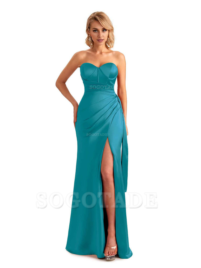 Sexy Side Slit Strapless Mermaid Soft Satin Unique Long Bridesmaid Dress For Wedding