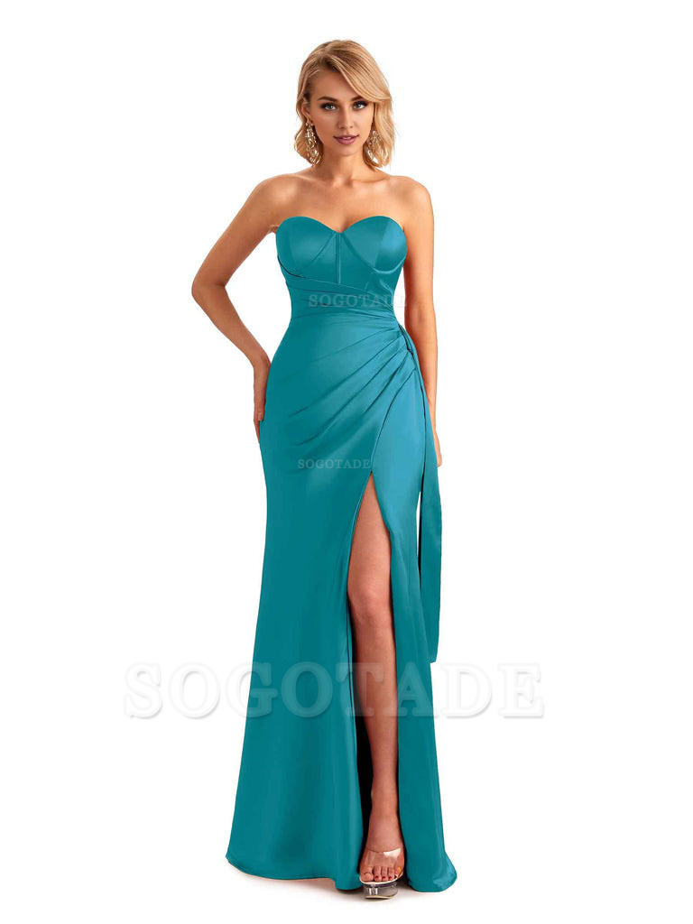 Sexy Side Slit Strapless Mermaid Soft Satin Unique Long Bridesmaid Dress For Wedding