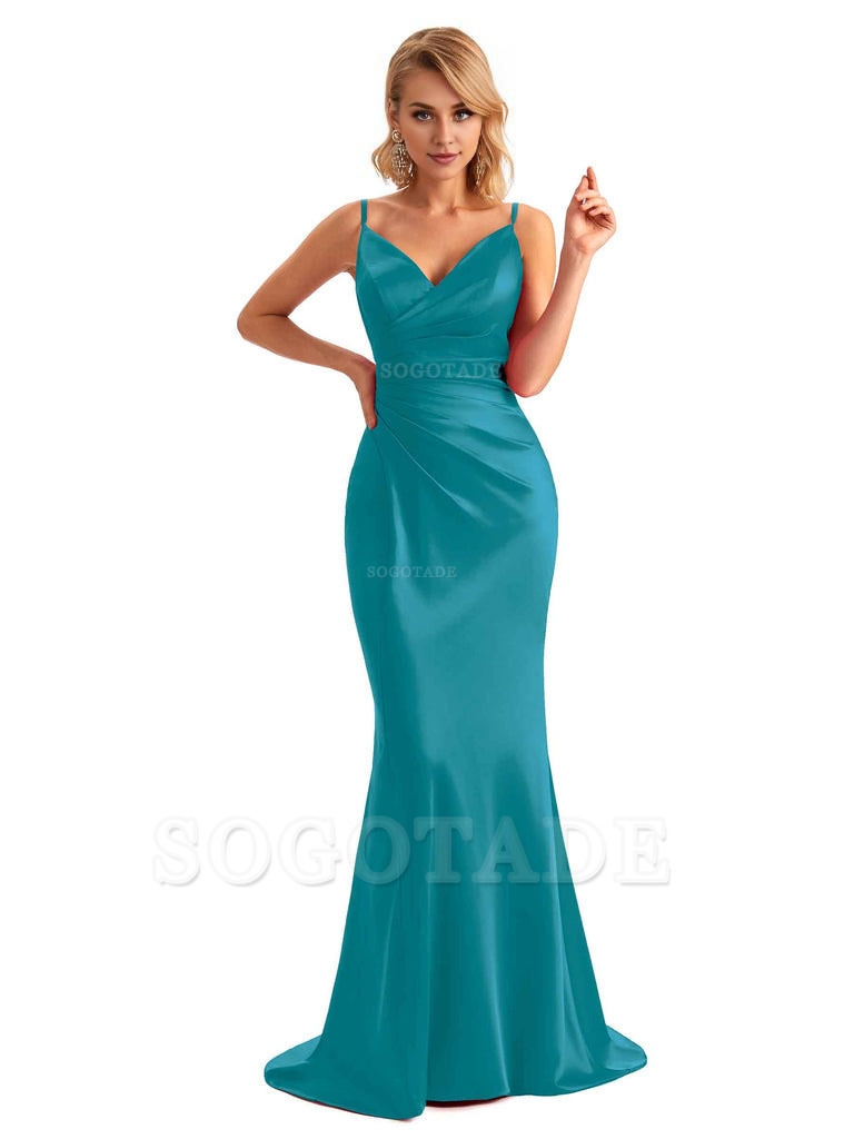  Sexy Backless Mermaid Spaghetti Straps Unique Long Formal Satin Dress For Women