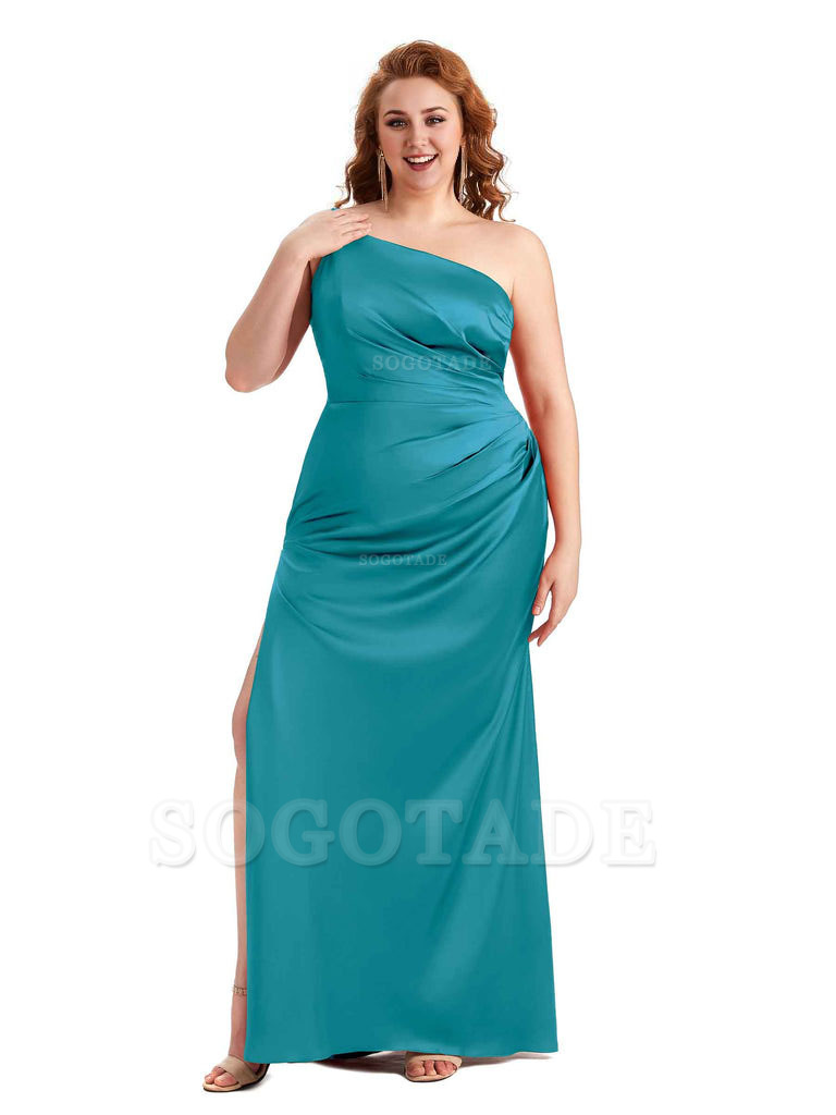 Sexy Side Slit One Shoulder Mermaid Soft Satin Long Plus Size Maid of Honour Dresses
