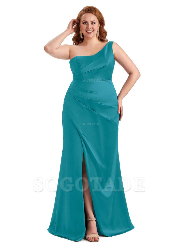 Sexy Side Slit One Shoulder Mermaid Long Plus Size Satin Maxi Dresses
