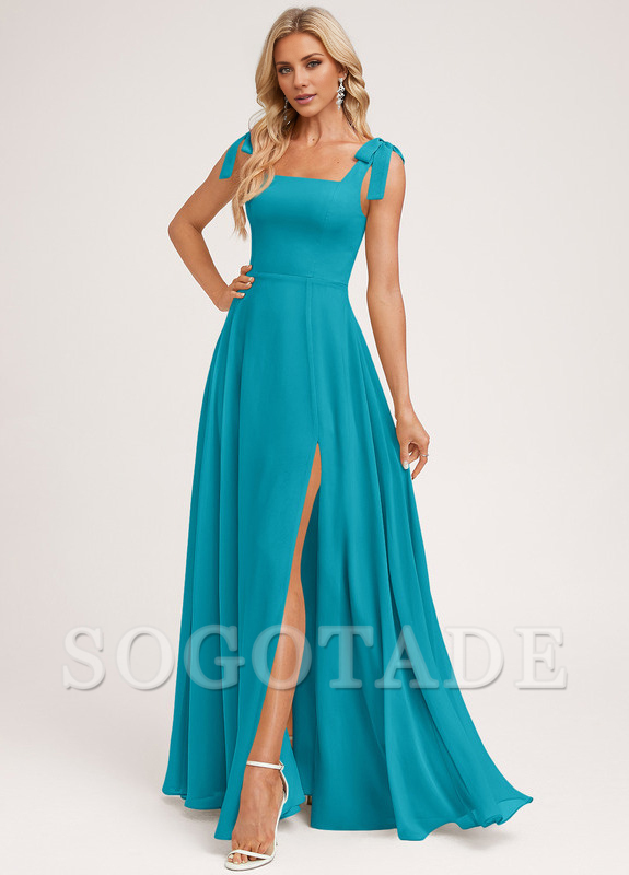 A-shaped square bow landing chiffon bridesmaid dress