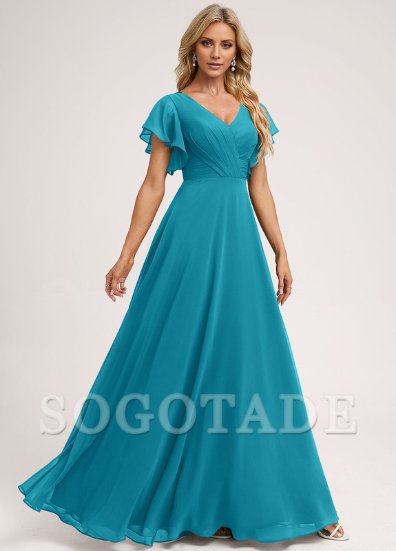 Ruffle A-line V-neck and floor chiffon bridesmaid dress