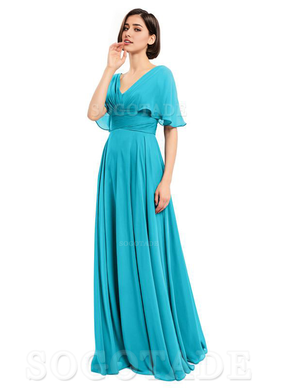  V-Neck Cap Sleeves Sleeves Chiffon Long Elegant Bridesmaid Dresses Formal Wear Dresses