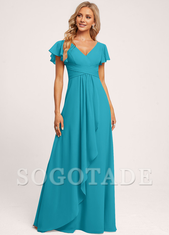 Ruffle A-line V-neck and floor chiffon bridesmaid dress