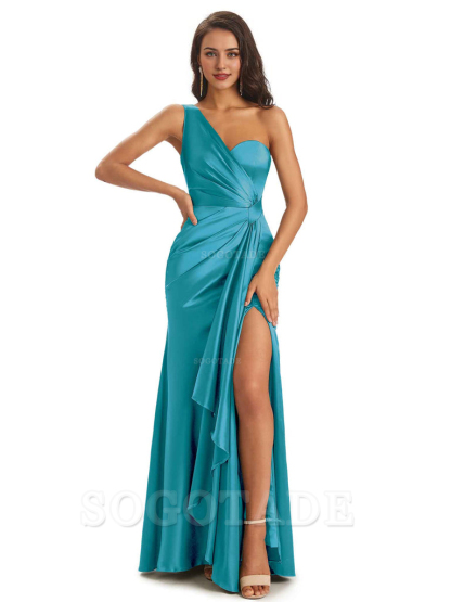 Elegant Soft Satin Side Slit One Shoulder Unique Mermaid Bridesmaid Dresses Online prom dresses shops