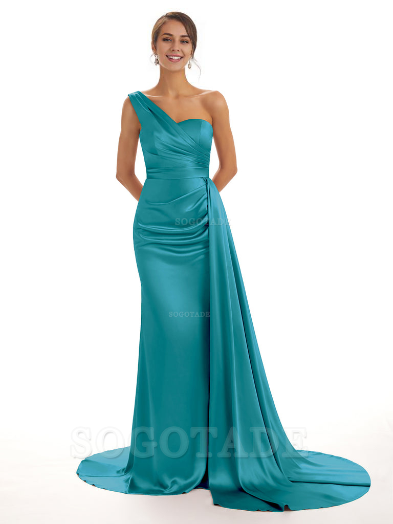 Elegant One Shoulder Soft Satin Unique Mermaid Long Bridesmaid Dresses Online prom dresses shops