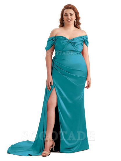  Sexy Side Slit Off The Shoulder Mermaid Soft Satin Long Plus Size Bridesmaid Dress For Wedding
