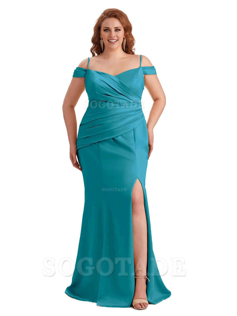 Elegant Cold Shoulder Side Slit Mermaid Soft Satin Long Plus Size Bridesmaid Gowns
