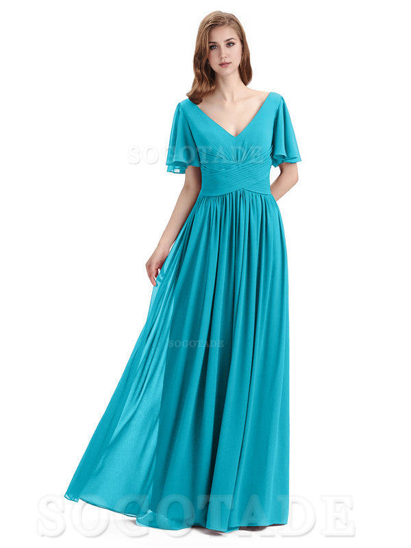 A-Line Chiffon Short Sleeves Elegant Floor-Length Bridesmaid Dresses Formal Women's Dresses Wedding Guests Dresses