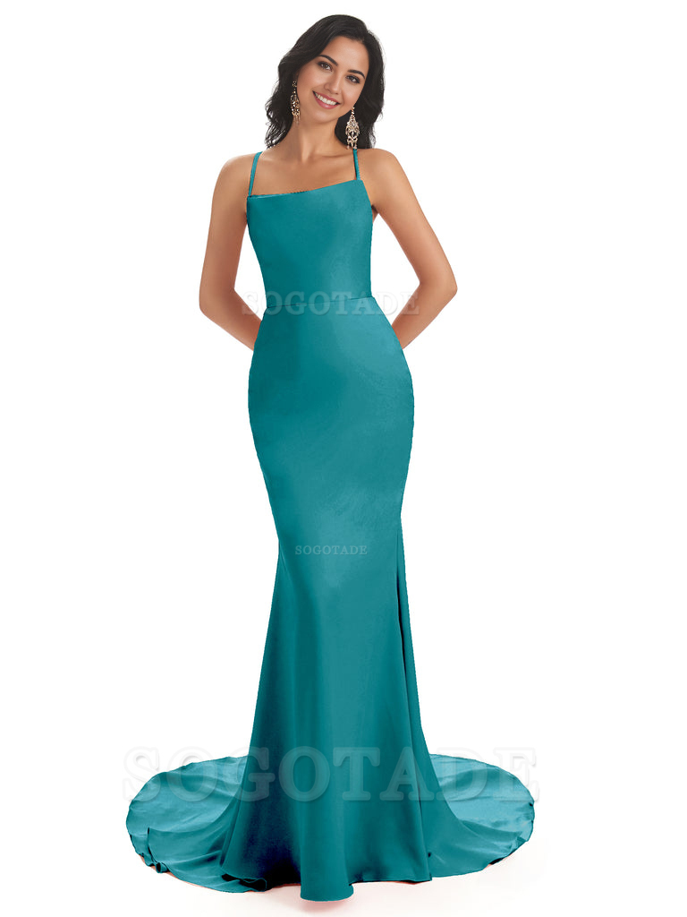 Mermaid Spaghetti Backless Straps Satin Long formal dresses evening gown Bridesmaid Dresses